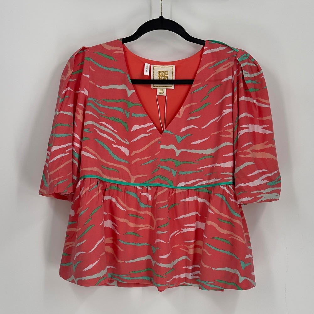 Emily McCarthy Rosie Top Tiger Print Coral Green V-Neck‎ Puff Sleeve XS NEW